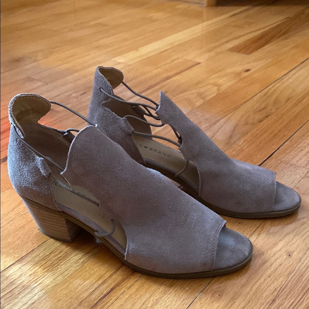 Lucky Brand Taupe Suede Leather Wooden Block Boots